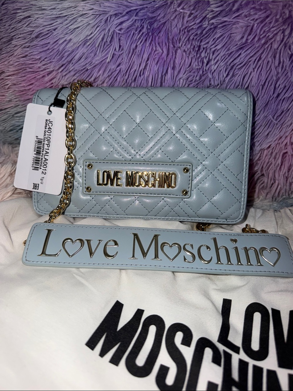 Love Moschino Pale Blue Quilted Chain Crossbody Bag with Logo Plaque
